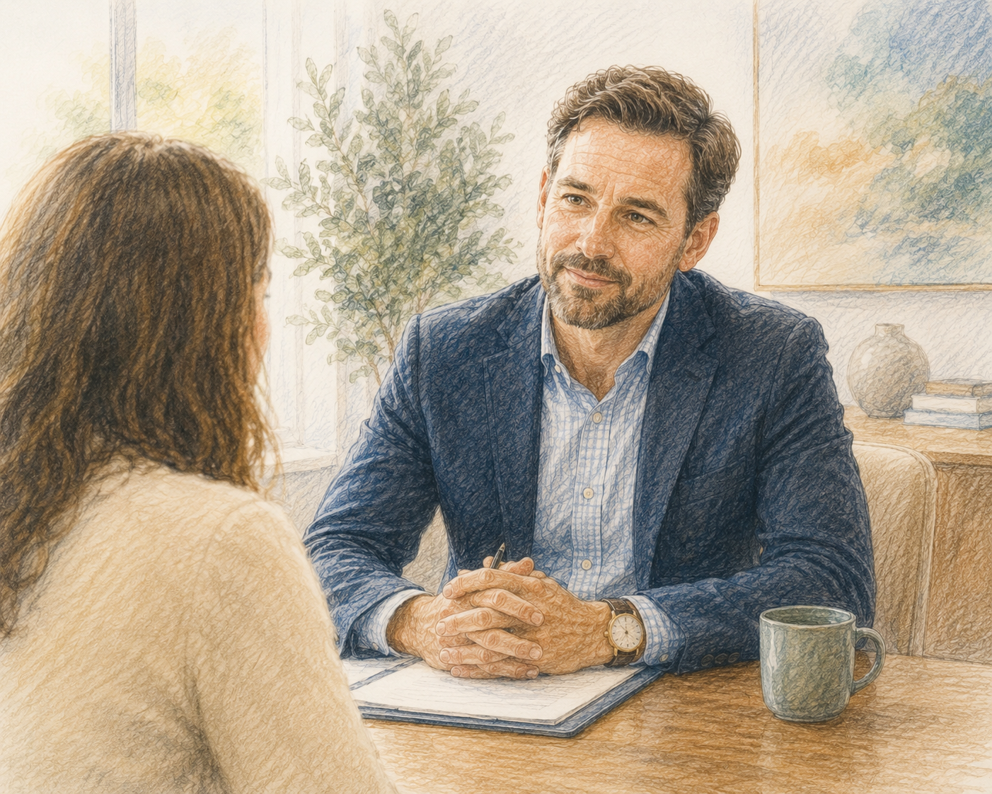 A financial advisor listening to a client across a table
