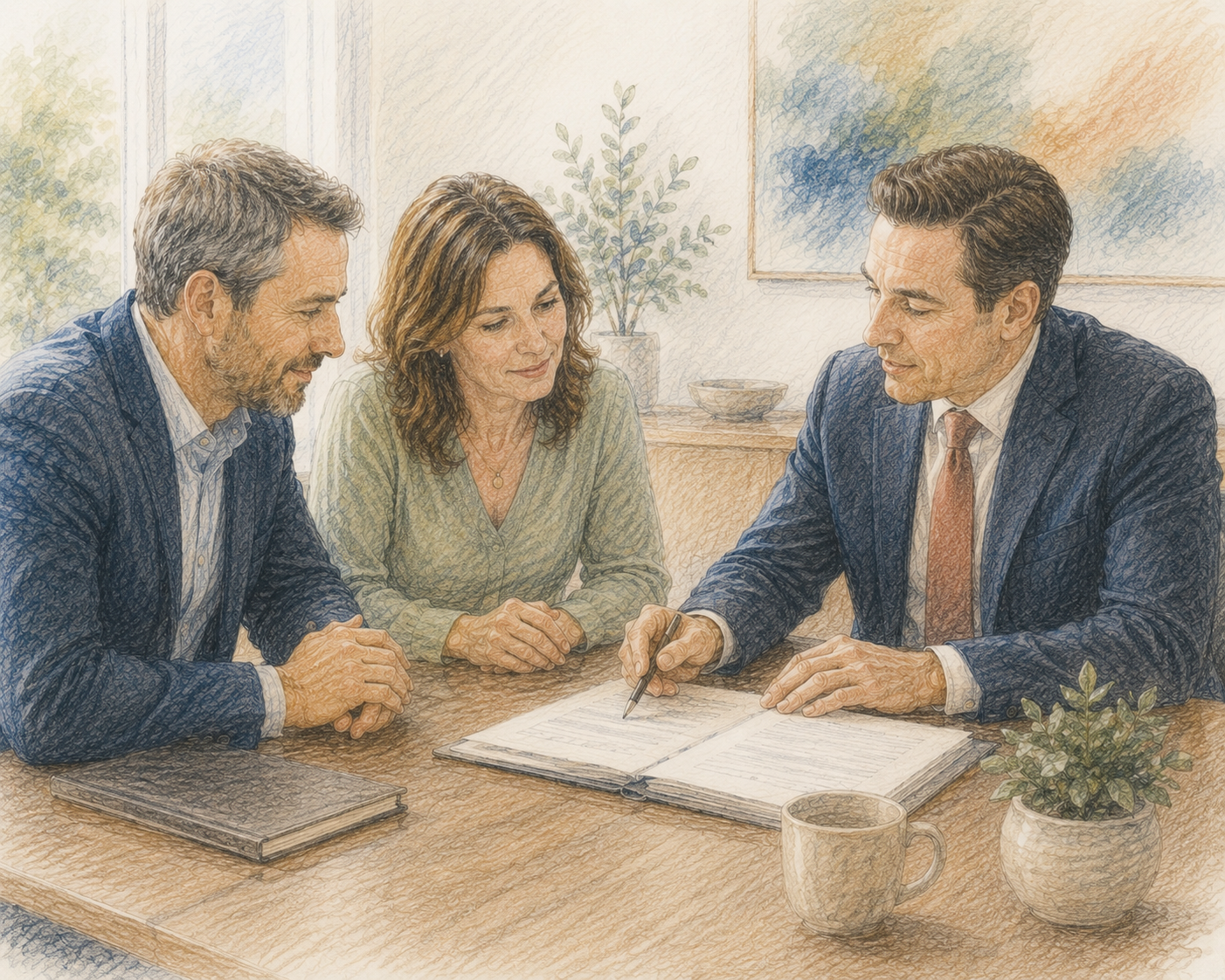 An attorney reviewing estate planning documents with an advisor and client