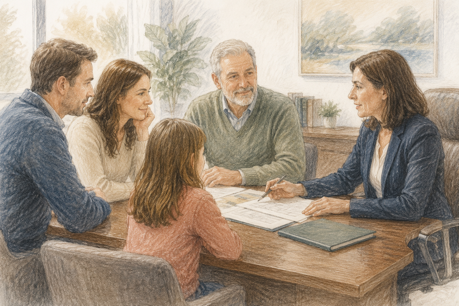 A multigenerational family meeting with an advisor around a table
