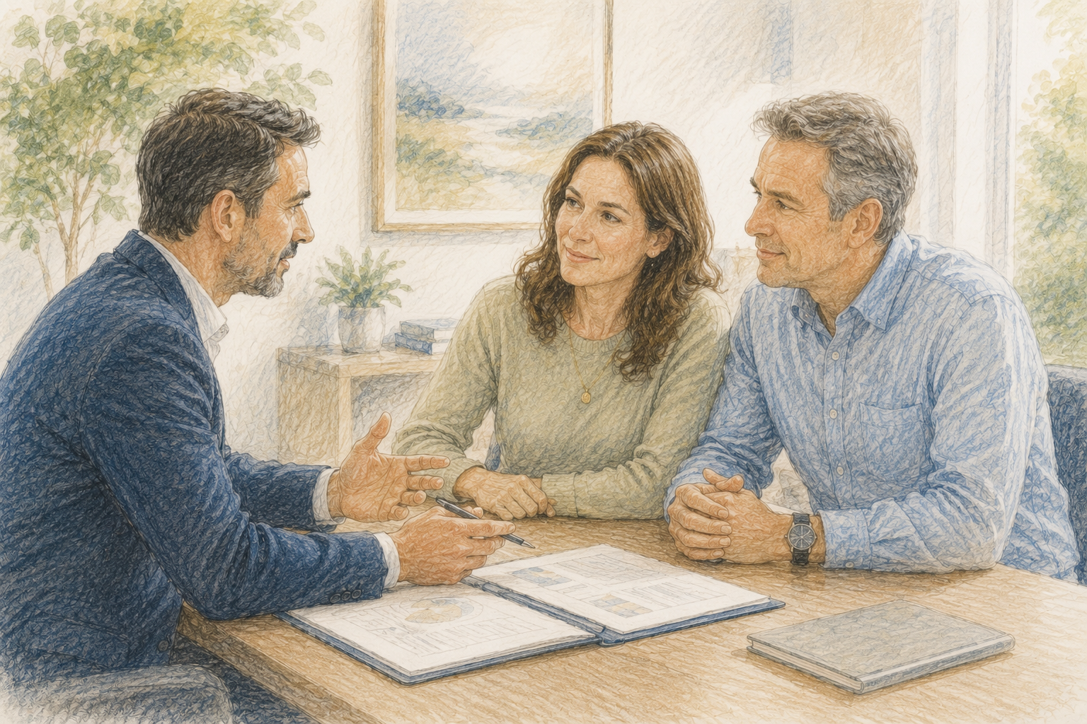 An advisor in a warm conversation with a couple across an office table